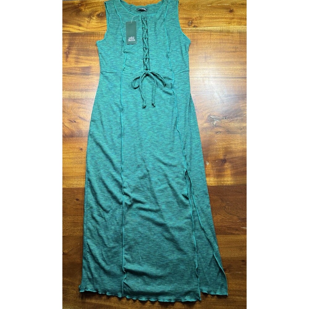 Wild Fable Target Green Space Dye Lace-Up Sleeveless Rib Slit Midi Dress S NWT